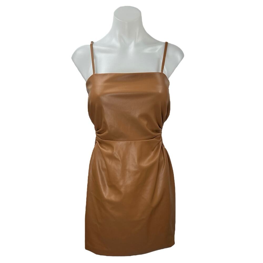 Fashion Nova Brown Faux Leather Ruched Cutout Sleeveless Mini Pencil Dress Sz S